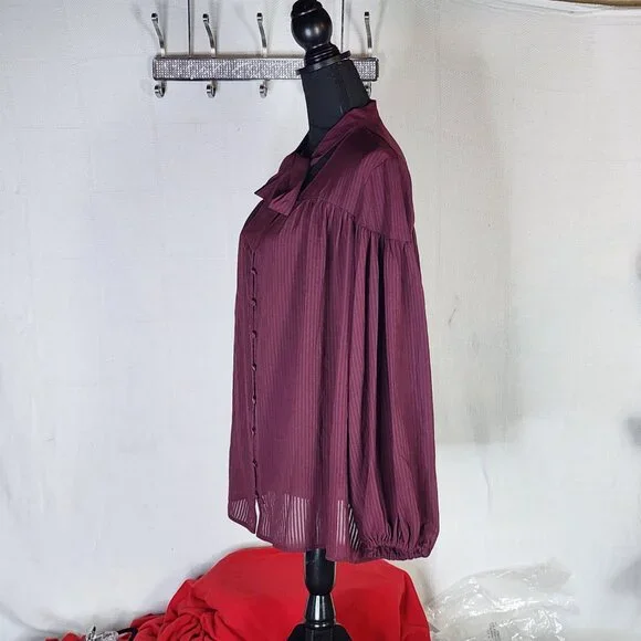 Time & Tru Metropolis Burgundy LS Tie Neck Poly Relaxed Fit Button Up Top Sz XXL - Picture 9 of 16
